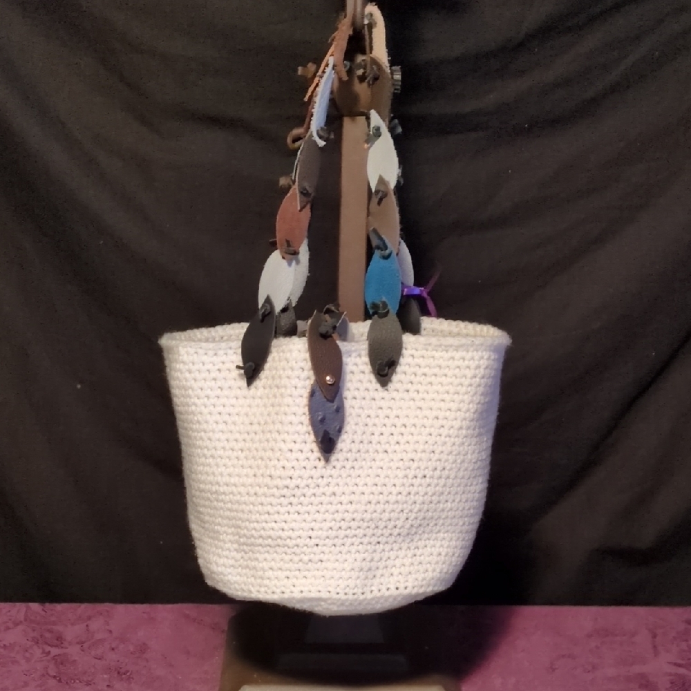 Handmade White Crochet Acrylic Round Tote Multicolor Leather Strap Closure